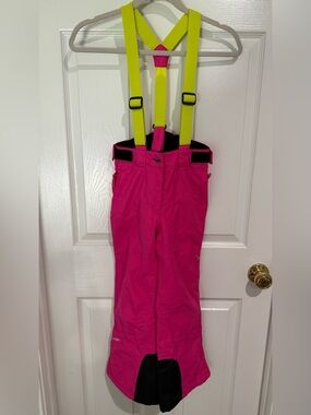 Kids Pink Snow Overalls with Neon Yellow Suspenders